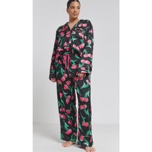 Nobodys Child Satin Revere Long Sleeve Pijama Set Black Floral Women's 12/14 New